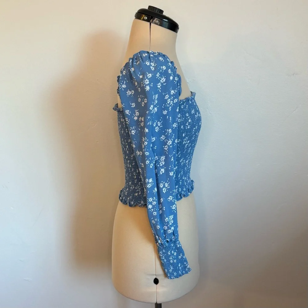 Reformation Pinto Top in Lassen Blue, Smocked, Puff Long Sleeve Dainty Floral, S